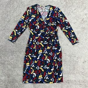 Anne Klein Dress Dark Multicolor Geometric Faux Wrap Jersey Knit V Neck Womens M